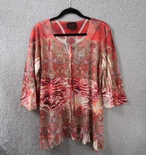 French Blue Top Womens Large Scoop Neck Drawstring 3/4 Sleeve Casual