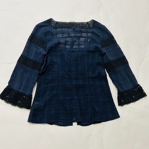 Vintage Free People Navy Blue Square neck Crochet Button Down bouse shirt boho - Picture 10 of 15