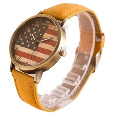 American Flag Watch w/ Yellow Wrist Strap - Faux Leather, Patriot USA Quartz