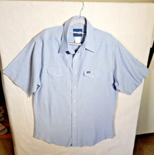 VTG Wrangler Shirt Mens Chambray 16.5 Blue Pearl Snaps Short Sleeve Rodeo Ranch
