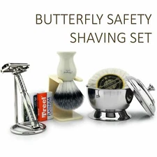 Ready to Use Shaving Gift Set Synthetic Brush, TwistOpen Safety Razor Bowl &Soap
