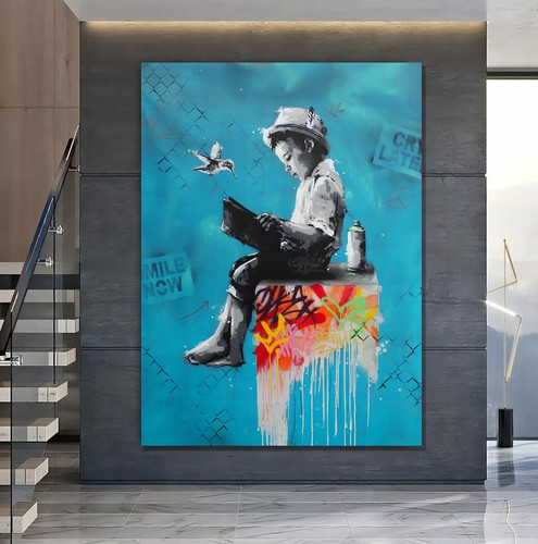 FRAMED PRINT ON STRETCHED CANVAS BOY GRAFFITI STREET POP ART LIKE WALL BANKSY - Picture 6 of 6
