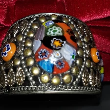 VTG Millefiori Murano Style Glass Cabachons Wide Bangle Silvertone Multi Color