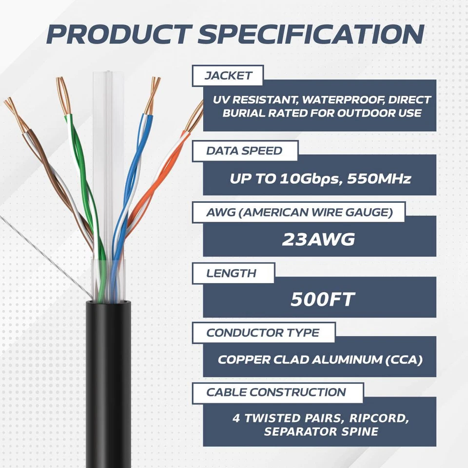 CAT6 500FT UTP Outdoor Cable Solid Direct Burial 23 AWG 550MHz UTP Black - Image 2 of 4
