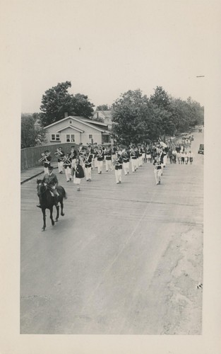 Snapshot Vintage Photo Marching Band Music Horse Parade Wood Bridge Group Event