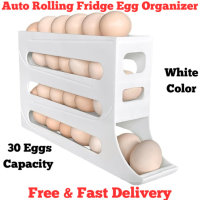 Automatic Rolling Egg Holder Rack Egg Storage Box Container 4 Layer white color.