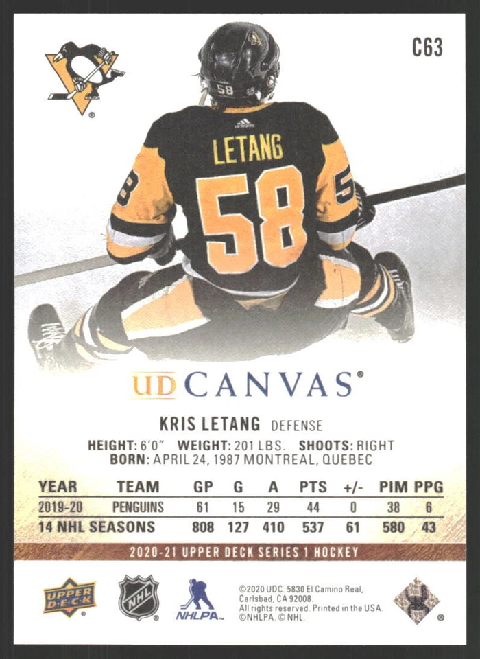 Kris Letang #C63 2020-21 Upper Deck UD Canvas Pittsburgh Penguins - Image 2 of 2
