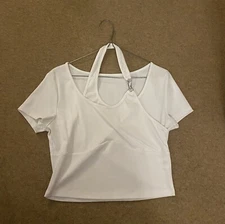 White Halterneck T Shirt With Metal Clasp, Summer Top, Metal Detailing, Size L
