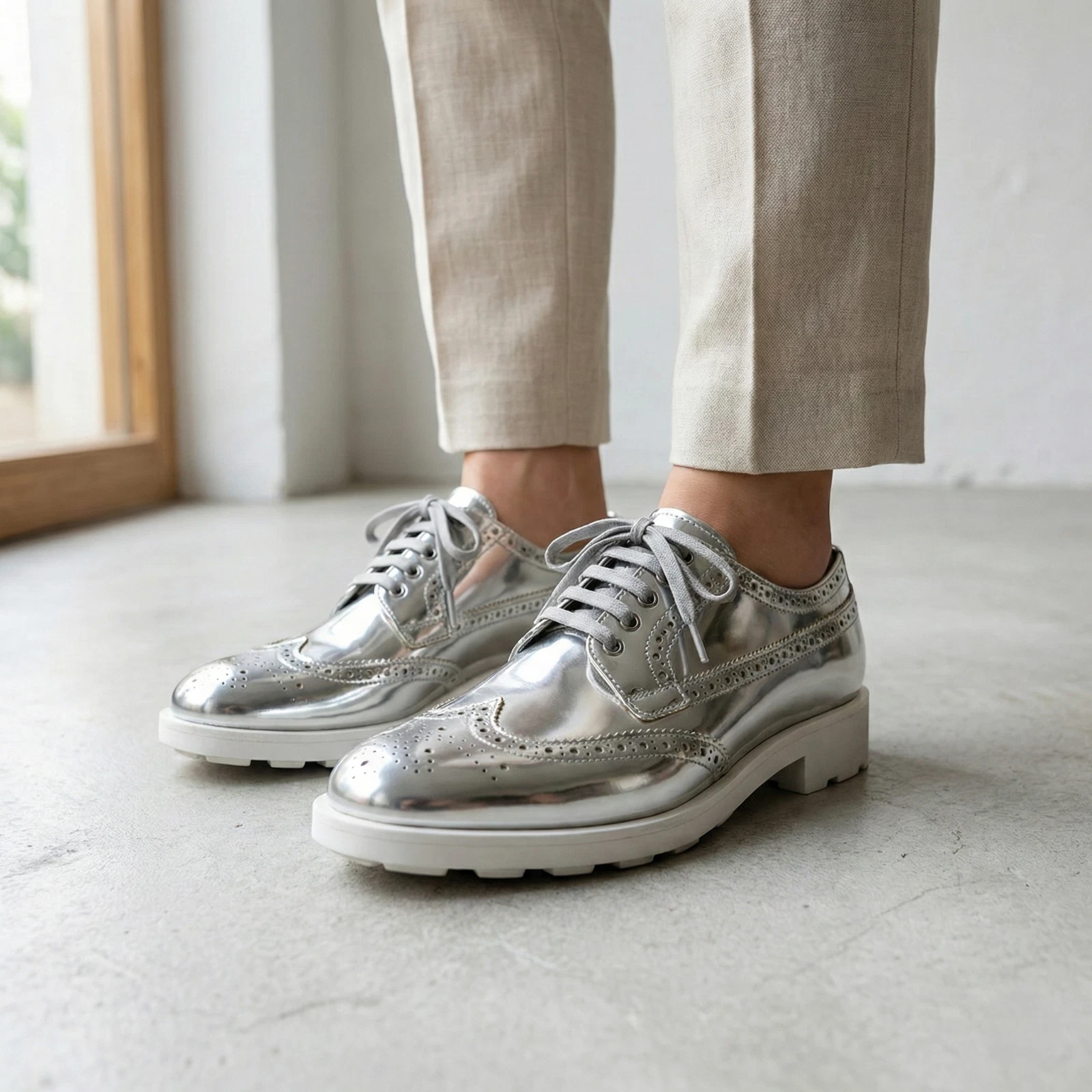 PRADA Silver Metallic EU 37 US 7 Spazzolato Leather Brogues Oxfords NEW Italy