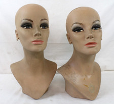 2 Vintage Fiberglass Mannequin Head Wig Display Painted Eyes Halloween Bust