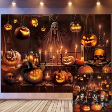 Horror Halloween Backdrop Scary Skeleton Pumpkin Lantern 7x5FT, Orange
