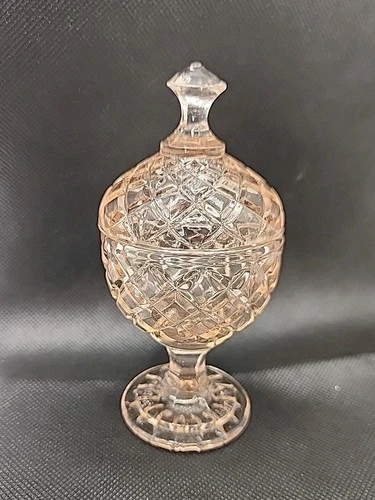 Vtg 5" Mini Pink Depression Glass Diamond Footed Candy Trinket Box Dish 2 Pc.