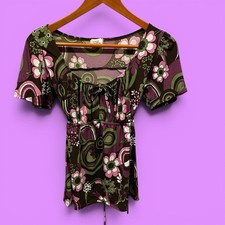 Cute Y2K olive plum fairy stretchy babydoll flowy top Studio Y flower power