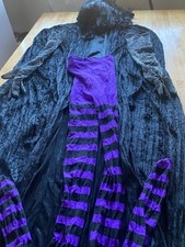 Halloween Witch Costume Black Wig  Long Poncho Cape Spiderweb Gloves Tights