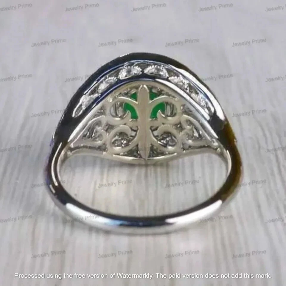 Anillo Art Deco Esmeralda Creado en Laboratorio Corte Redondo de 2 quilates Chapado en Oro Blanco 14k Plata Foto 4 de 4
