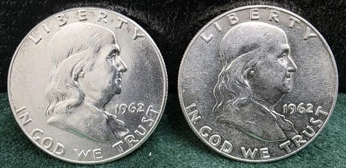 Lot of Two (2) 1962 Franklin Half Dollars, AU Condition, 90% Silver Gems!