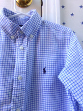 Boys Size 6 RALPH LAUREN Button Up 100 Cotton Dress Shirt BLUE Plaid VTG 59
