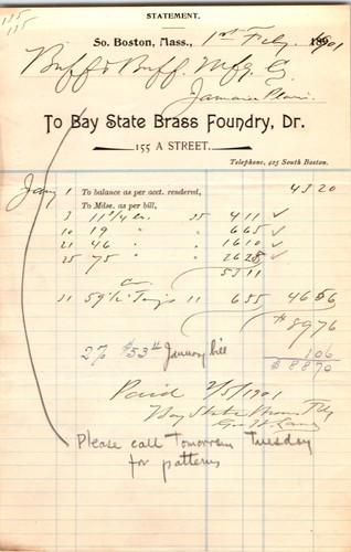 Bay State Brass Foundry Financial Documents 1901 South Boston MA
