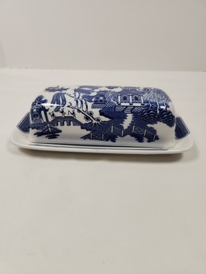 Churchill Blue Willow Pattern Two Piece Butter Dish England VINTAGE 
