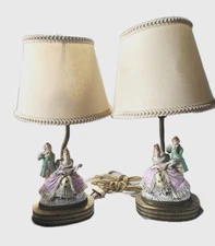 Meissen Style Figurine Lamp, German Style Courting Couple Lamp Brass Base, Set 2