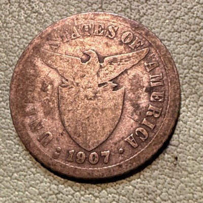 1907 S Philippines 10 Centavos Circulated Silver U.S. Admin Shield
