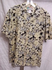 Paradise Found Hawaiian Shirt - size M - black cotton lawn w/green leafy design