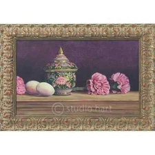 Purple Passion With Pink Carnations- Flowers Print on Canvas-Giclee-Gold Frame
