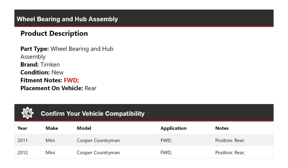 Conjunto de cojinete de rueda y buje trasero Timken para Mini Cooper Countryman 2011-2012 tracción delantera Foto 2 de 4