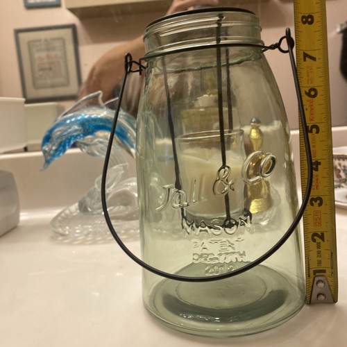 Green Mason Jar Tea Light Outdoor Glass & Wire Lantern 8” Tall 5” Wide Jall & Co - Picture 8 of 8
