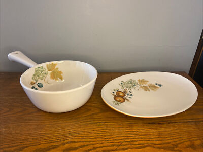 Vintage Ben Seibel Informal Iroquois Old Orchard Stoneware Sauce Pan And Platter