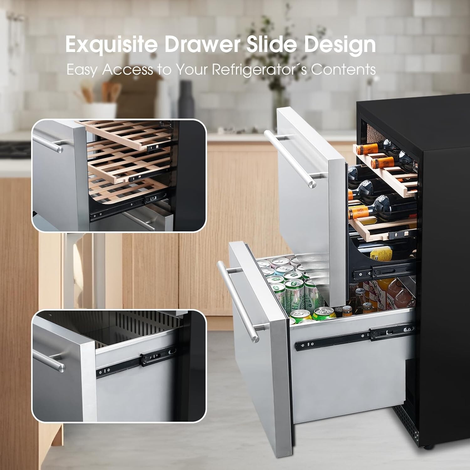 HCK 24 Inch Under Counter Beverage Refrigerator,Double Drawer Beverage