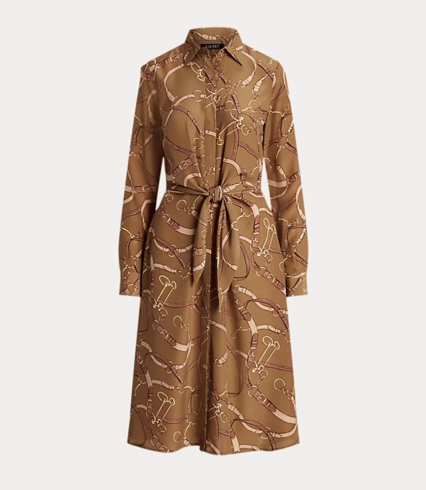 Ralph Lauren Black Label Tan Belting Print Tie Front Crepe Shirt DressSize 4 - Image 3 of 4