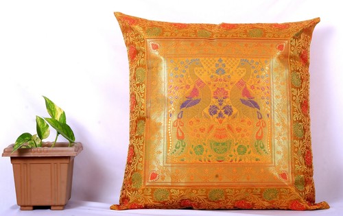 18" Peacock Brocade Silk Handmade Cushion Cover Ethnic Pillow Sham Throw Gold - Picture 2 of 5