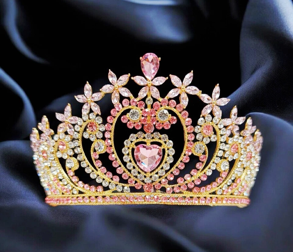 Tiara corazón cristal, tiara dorada, tiara piedra rosa, tiara nupcial, corona cumpleaños Foto 3 de 4
