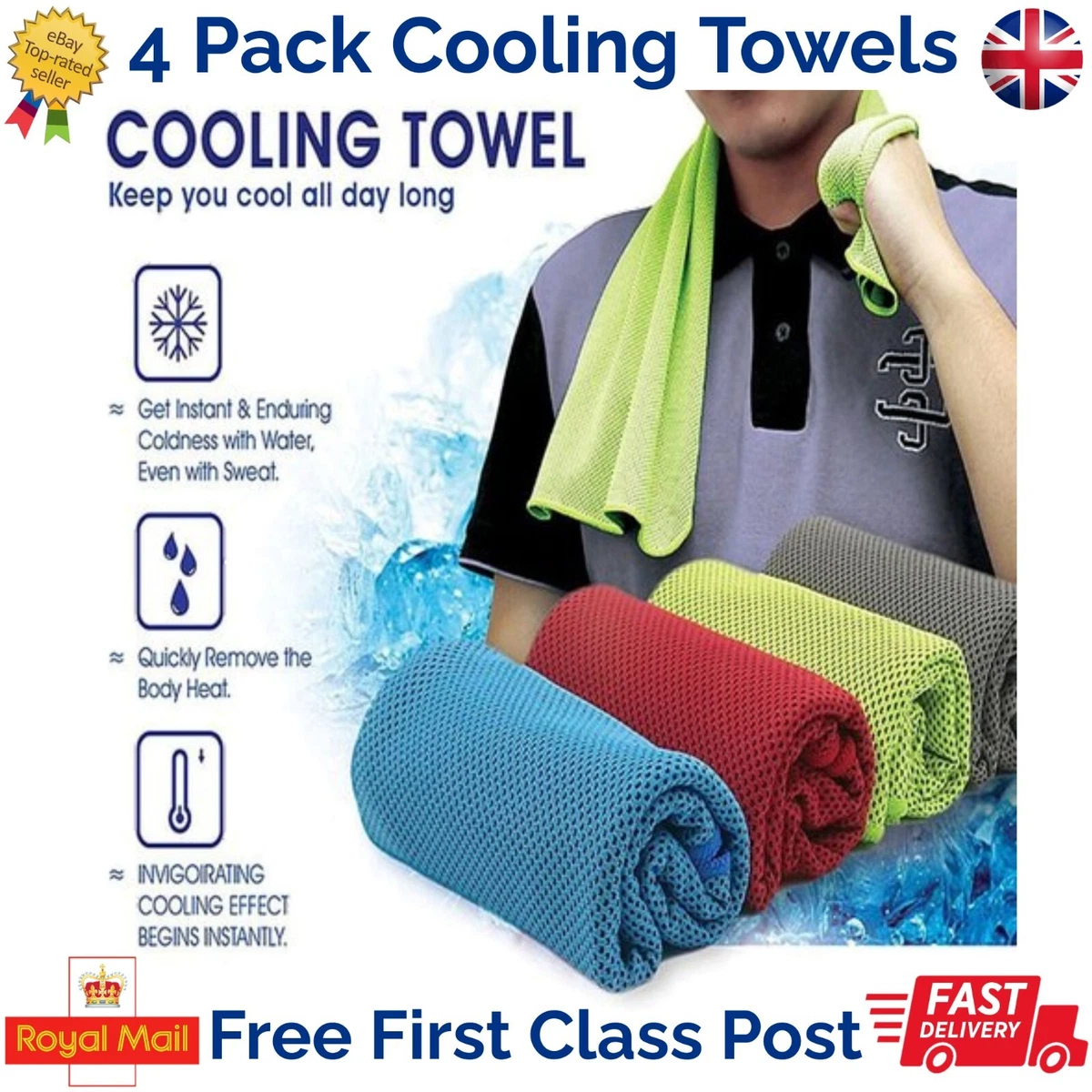 4 Instant Cooling Towels Gym Bodybuilding Cycling Running Sports Hot  Weather UK