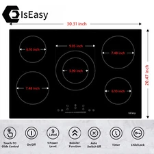 30 inch Electric Cooktop Ceramic Glass Stove Top 5 Burners Drop-in Touch Control