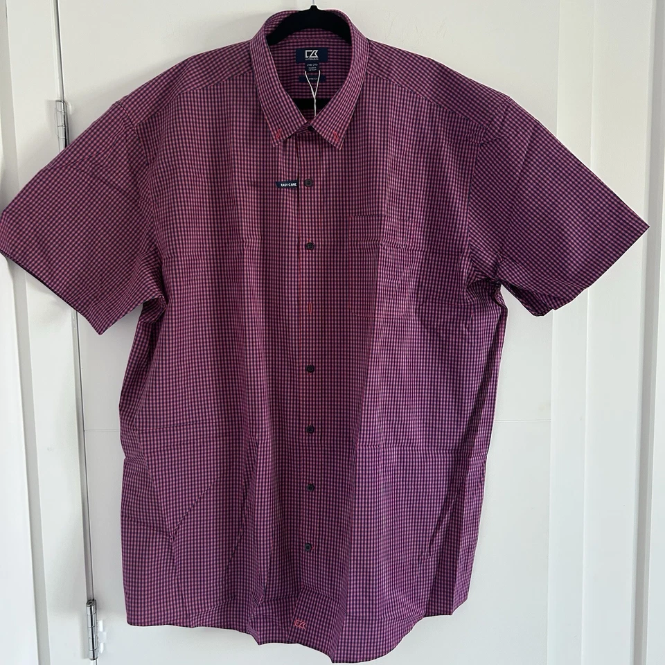 NWT Cutter & Buck Big Short Sleeve Anchor Gingham Button Up Shirt Embark Maroon - Image 3 of 4