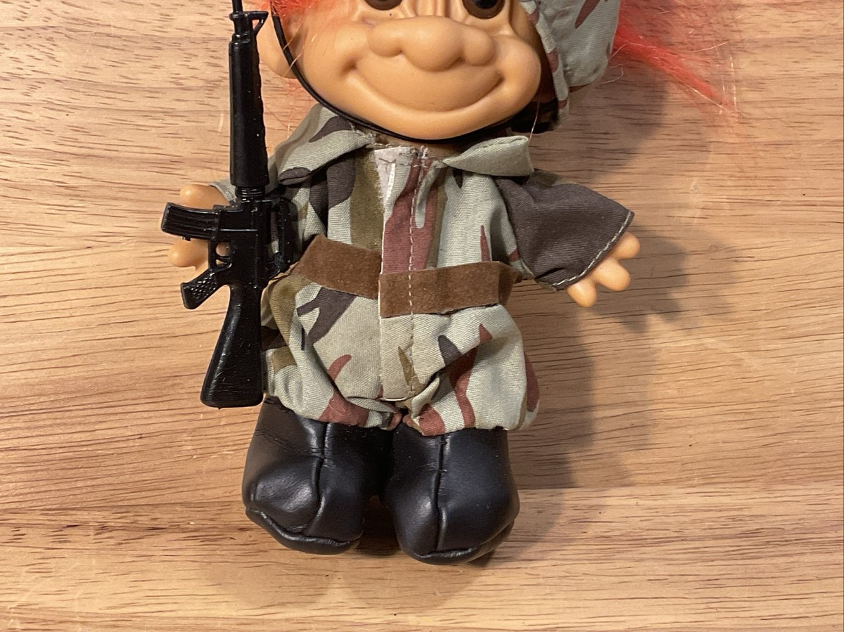 Vintage Russ - Army Troll Doll Military w/Helmet & Rifle Orange