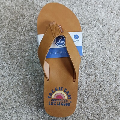 Life Is Good Sandals Womens Size 6 Tan Thong Flip Flops Take It Easy Beach Relax