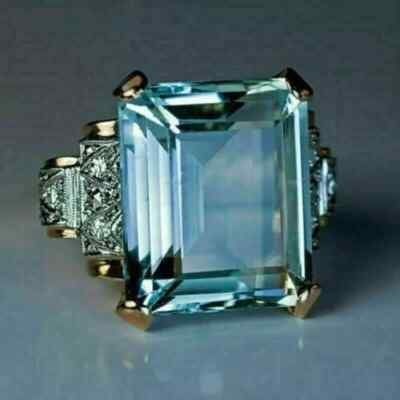 Art Deco Style Lab-Created Diamond Emerald Cut Aquamarine Ring 14K White Gold FN