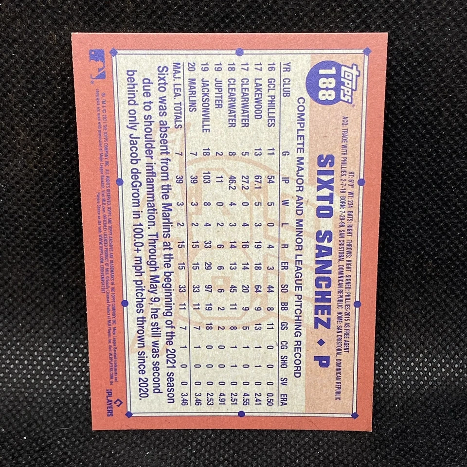 2021 Topps Archives Sixto Sanchez RC Miami Marlins Rookie #188 - Image 2 of 2