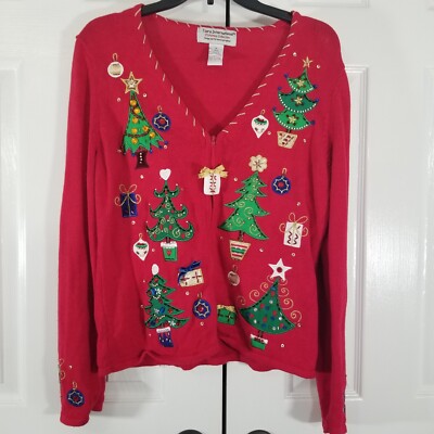 Tiara International Christmas Tree Ugly Sweater Embroidered Sequin Sz  Medium - Main Image