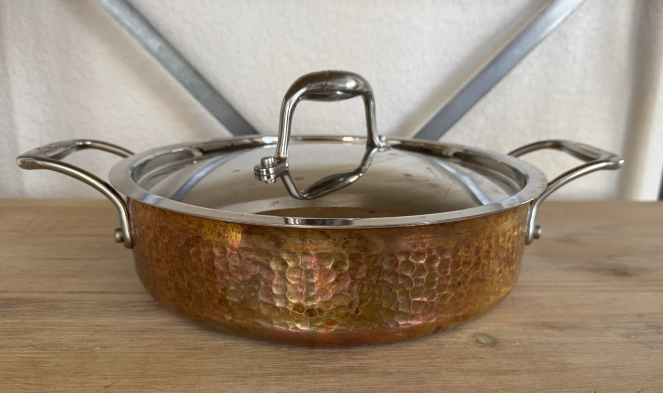 Lagostina Martellata 3 Qt Tri-Ply Copper Stainless Saute Pan w/Lid Dual Handle
