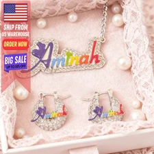 Custom Bling Rainbow Luxe Nameplate Necklace & 15mm Zircon Enamel Earrings Set