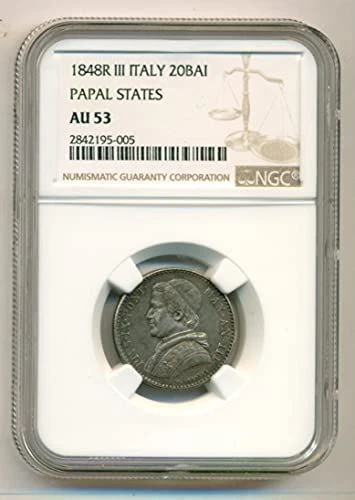 Italy Papal States Pius IX 1848 III Silver 20 Baiocchi AU53 NGC Scarce/Top Pop
