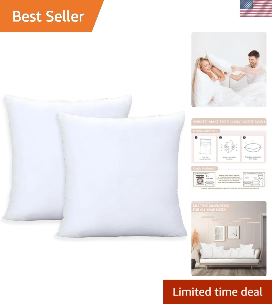 Throw Pillows Insert Set of 2, White 18x18in Pillow Inserts with 100% Cotton ...