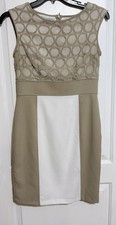 Beige Cream Colorblock Sheath Dress Mesh Crochet Sleeveless Career Cocktail
