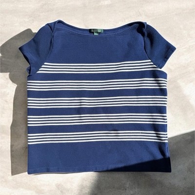 Lauren Ralph Lauren Striped Knit 100% Cotton Boat Neck T-Shirt XL Blue White