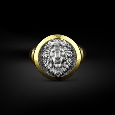 3D Löwe Sternzeichen poliertes Silber Herren einzigartiger Ring, runder...