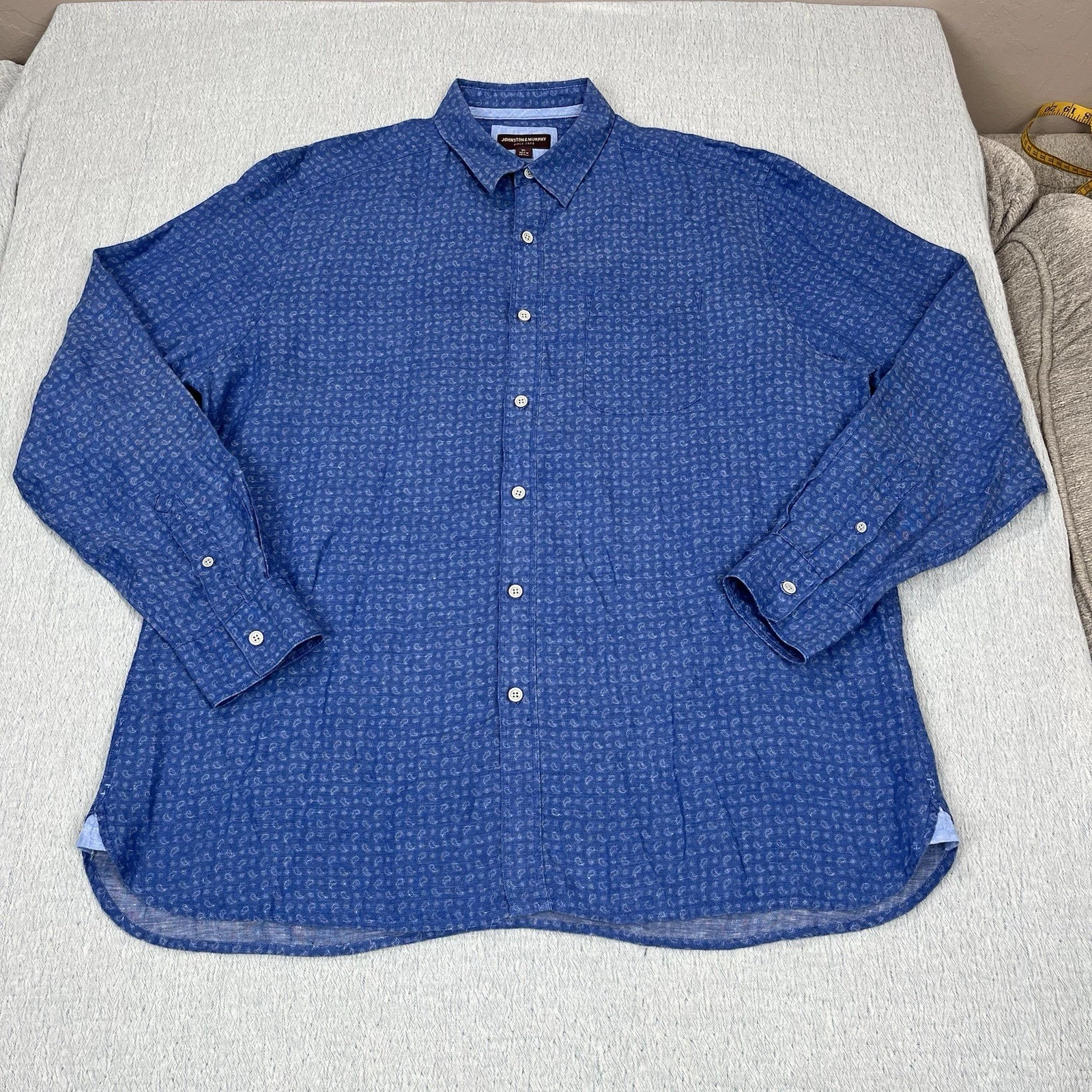 Johnston & Murphy Mens XL Blue Paisley Long Sleeve Button Up Linen Shirt